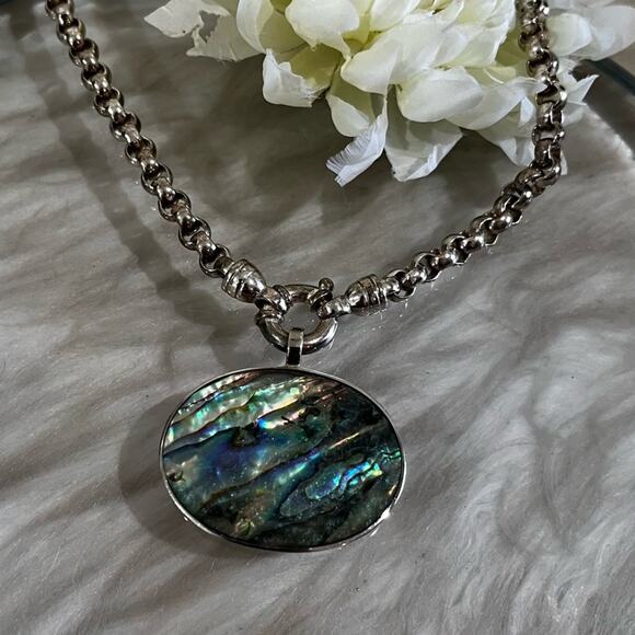 NEW Sterling Silver Large Abalone Shell Pendant Tahitian Peacock Pearl Necklace - Picture 5 of 16